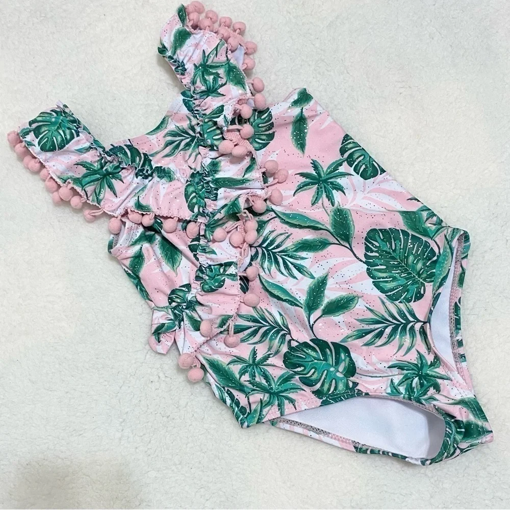Nicole Miller one piece swimsuit pink w silver glitter green leaf 6x